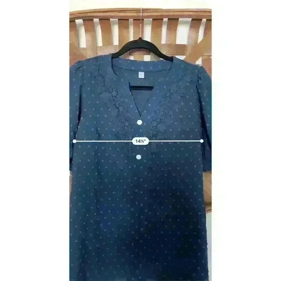 Women's V-Neck Textured Dot Blouse Lace Trim Puff Sleeve Blue S - Picture 7 of 13